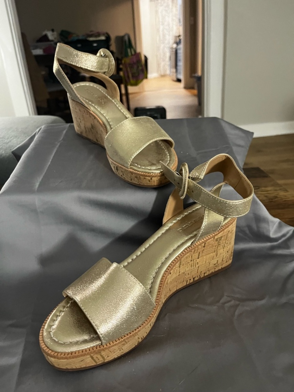 Bernardo Gold Metallic Cork Wedge Sandals with Ankle Strap